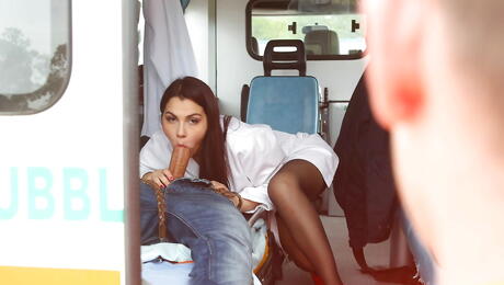 Attractive italian brunette Valentina Nappi sucking deep big rod and gets a cum shot in her mouth 